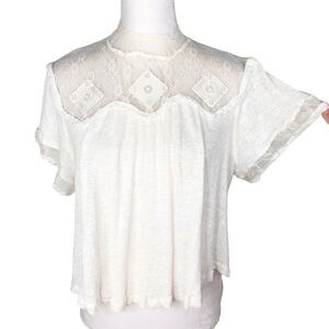 Free People cream short-sleeve ribbed summer top lace neck, swing silhouette S